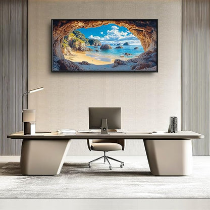 Beach Large Wall Art Rocky Cave Pictures Wall Decor Coastal Canvas Seascape Print Painting Modern Artwork Home Decoration for Living Room Bathroom Bedroom Office Framed 60"x30"