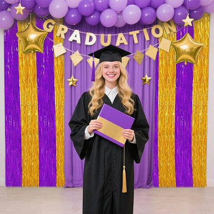 TONIFUL 2Pcs Purple Gold Door Streamers,Green Photo Booth Backdrop,Metallic Streamers Green Foil Fringe Curtains for Birthday,Christmas,New Year,St. Patrick's Day Party Streamers Decor