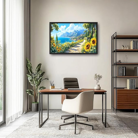 Coastal Sunflowers Large Wall Art Framed Wall Decor for Living Room Ocean Coast Pictures Oversized Canvas Print Painting Modern Extra Large Framed Artwork for Bedroom Office Home Decor 36"x24"