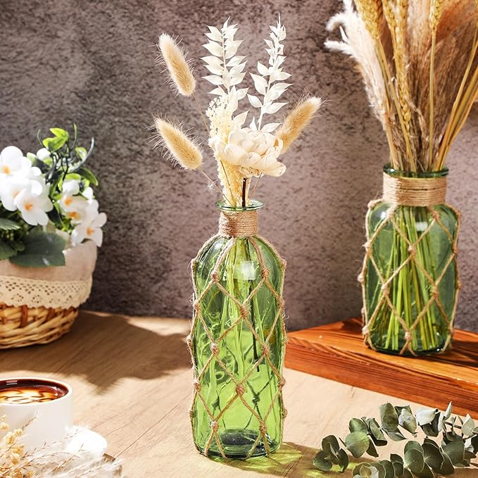Chuangdi Set of 2 Coastal Glass Vases for Flower Small Flower Vase with Boho Rope Wrapping Beach Decorative Bottle for Coastal Nautical Table Centerpiece Wedding Floral Arrangement Decor(Green)