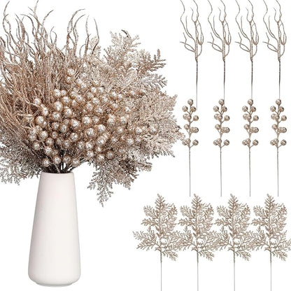 75 Pcs Christmas Glitter Branches 3 Styles Artificial Christmas Picks Berries Stems Pine Needles Floral Twig Spray for Xmas Tree Ornaments DIY Wreath Garland(Champagne Gold)