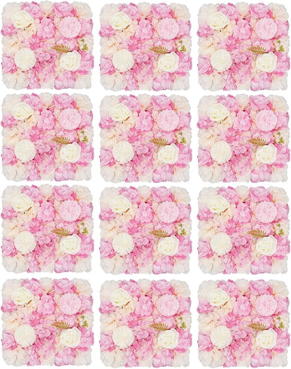 12Pcs Artificial Flower Wall Panel,3D 15" X 15" Silk Rose Mat Artificial Flower Wall,Decorative Backdrop Flower Panels Wall for Wedding Party Stage Baby Shower Decor (Pink,White)