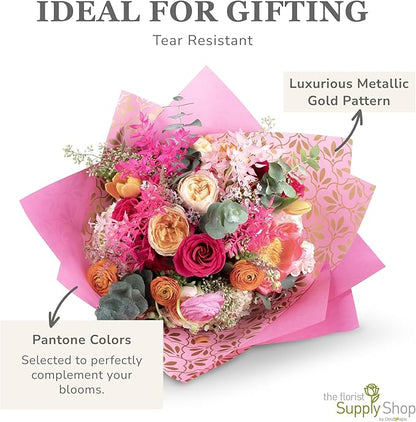 the florist Supply 20 Sheets Premium Flower Wrapping Paper | Waterproof Flower Wrapping Paper for Bouquets | Double Sided Floral Bouquet Sheets | DIY Gifts Isabella Light Pink/Gold