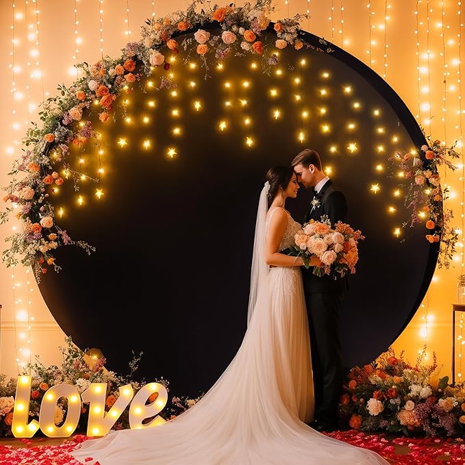 6.6 FT Black Round Backdrop Cover with Lights String for Circle Arch Stand Circle Backdrop Covers with LED Fairy Lights for Wedding Arch Baby Shower Birthday Party Photo Shoot Photography Background