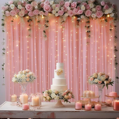 10x10ft Dusty Rose Tulle Backdrop Curtain with Lights String for Parites, Sheer Backdrop Curtains for Wedding Baby Shower Birthday Party Photo Shoot Decorations