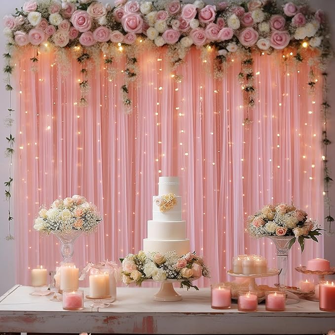 10x8ft Dusty Rose Tulle Backdrop Curtain with Lights String for Parites, Sheer Backdrop Curtains for Wedding Baby Shower Birthday Party Photo Shoot Decorations