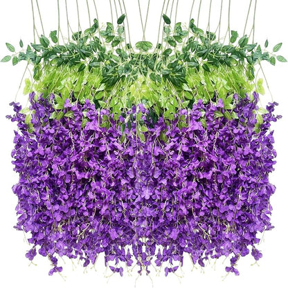 Artificial Wisteria Hanging Flowers-Fake Wisteria Flower Garland Silk Vines Rattan Decor for Home Wedding Arch Wall Garden Greenery Bedroom Outdoor Office Party Decoration (24, Purple)