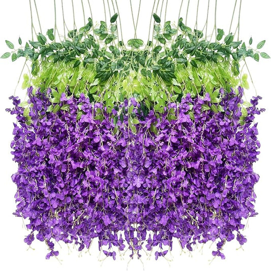 Artificial Wisteria Hanging Flowers-Fake Wisteria Flower Garland Silk Vines Rattan Decor for Home Wedding Arch Wall Garden Greenery Bedroom Outdoor Office Party Decoration (24, Purple)