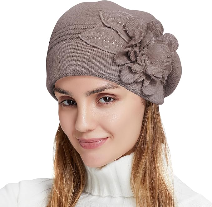 Flower Women Beret, Double Layer Thickened Winter Knitted Beanie Beret Hat, Stylish French Dress Beret Hats for Women