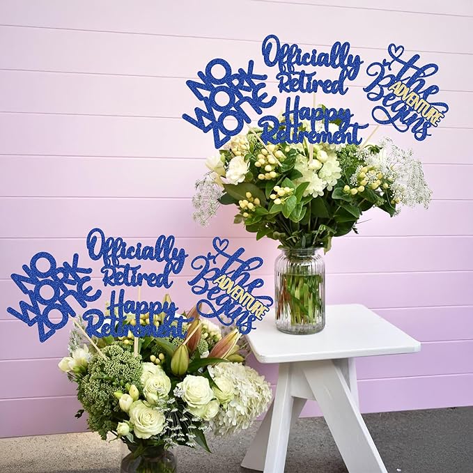 Ephlyn 16Pcs Happy Retirement Centerpiece Sticks Officially Retired Table Flower Centerpieces Sticks No Work Zone Floral Decorations for Farewell Birthday Party Centerpieces Supplies Blue