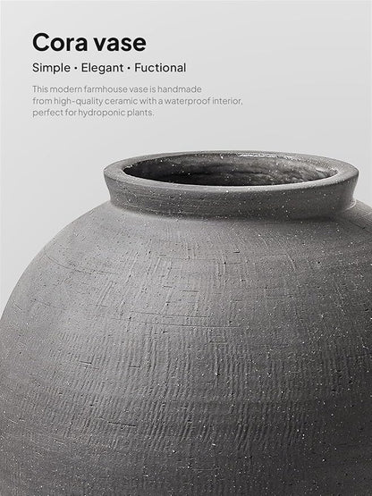 Black Ceramic Vase - Large 12.5 Inch Round Floor Vase for Centerpieces, Farmhouse Rustic Minimalist Home Decor (Sandstone Black)