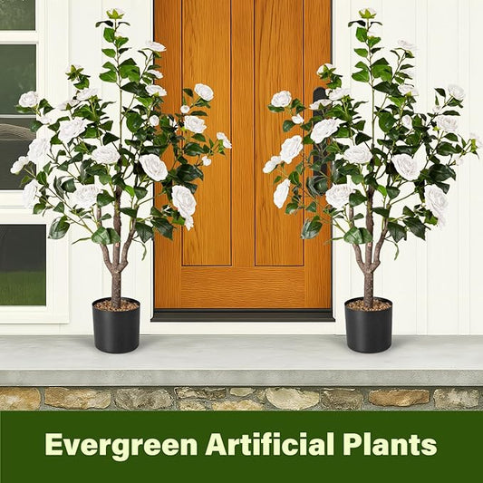 Artificial Camellia Tree,2Pack 3.6FT Faux White Camellia Plants in Pots,Lifelike Artificial Flower Trees for Indoor Outdoor Home Decor,Realistic Blooming Faux Plants for Living Room Porch Patio Office