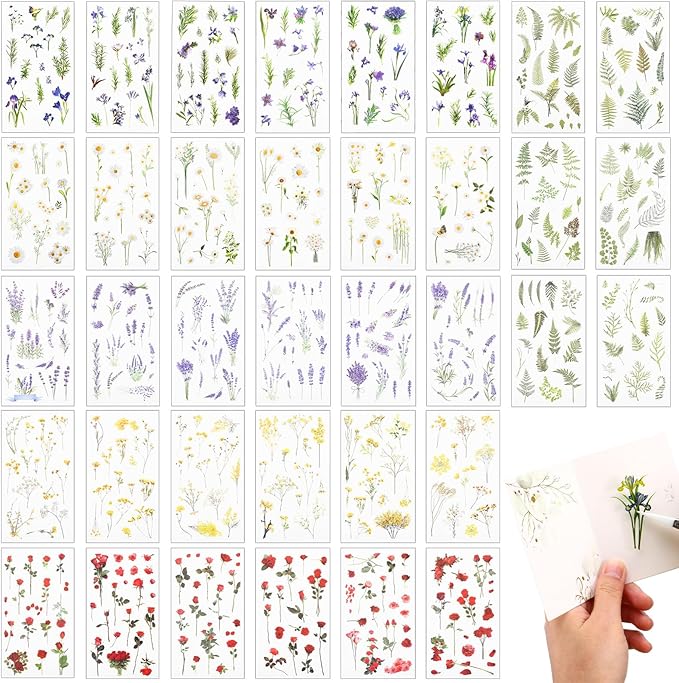 DOITOOL Pet Flower Stickers with Vintage Floral Designs Transparent Adhesive Planner Stickers for Scrapbooking Journaling and DIY Crafts and Fade-Resistant Decorative Decals