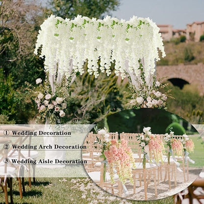 Dailisen 3 Strands 40'' Silk White Wisteria Artificial Flowers, Fake Wisteria Floral Hanging Plant Garland, for Home Decor, Party, Floor Vase, Balcony, Wedding Arrangement Decoration (White)