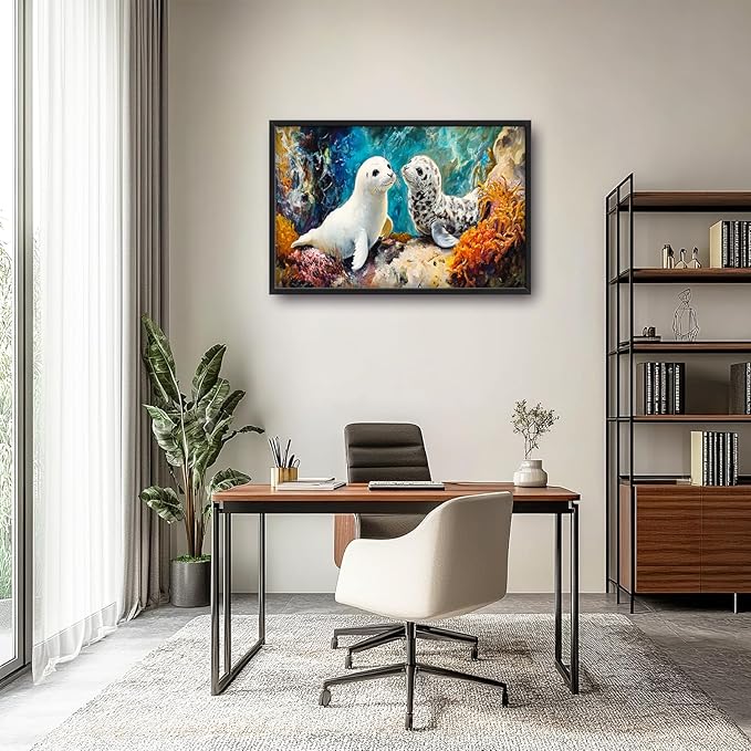 Extra Large Seal Framed Wall Art for Living Room,Oversized Underwater Animal Pictures Wall Decor,Ocean Coral Reef Canvas Print Painting Modern Artwork Bedroom Office Bathroom 36L x 24W