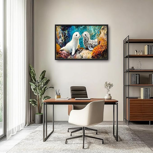 Extra Large Seal Framed Wall Art for Living Room,Oversized Underwater Animal Pictures Wall Decor,Ocean Coral Reef Canvas Print Painting Modern Artwork Bedroom Office Bathroom 36L x 24W