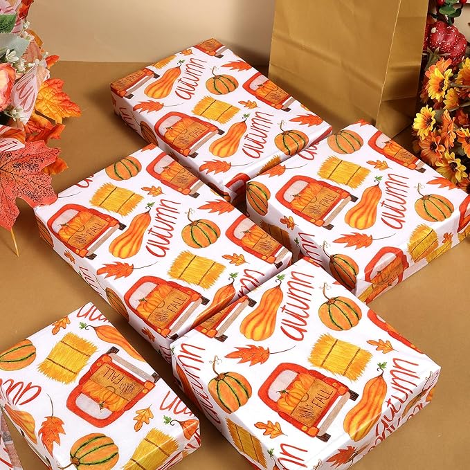 100 Sheets Fall Tissue Paper Bulk, Pumpkins Maple Leaves Truck Hay Pattern Wrapping Paper for Fall Autumn DIY Crafts Thanksgiving Day Gift Bag Fillers Party Supplies, 13.8 x 19.7 Inch