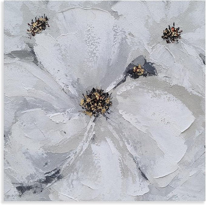 SYGALLERIER Abstract Flower Wall Art - Gray and White Floral Oil Painting with Gold Foil Embellishments - Handmade Canvas Wall Art 40x40 Inch
