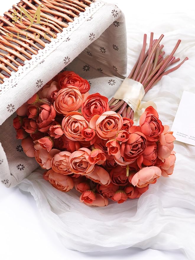Meldel 32Pcs Ranunculus Artificial Flower, Burnt Orange Faux Ranunculus Flowers for DIY Bouquet, Rose Bulk Fake Peony Wedding Filler Flowers for Centerpieces Arrangements Bridal Shower Decorations