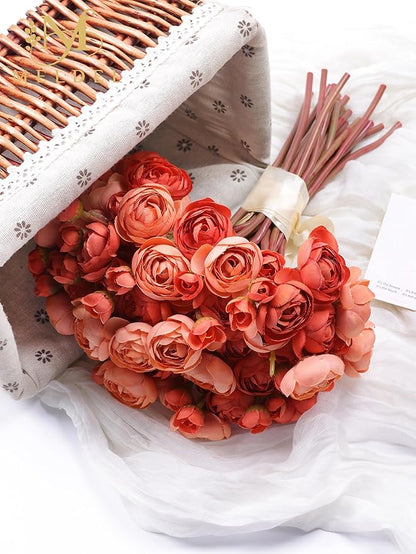 Meldel 32Pcs Ranunculus Artificial Flower, Burnt Orange Faux Ranunculus Flowers for DIY Bouquet, Rose Bulk Fake Peony Wedding Filler Flowers for Centerpieces Arrangements Bridal Shower Decorations