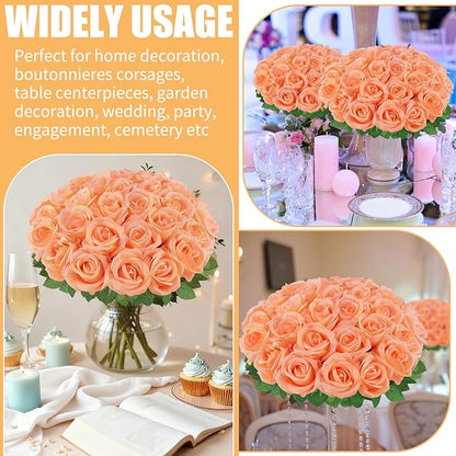 36 Pcs Peach Pink Artificial Roses with Long Stems, Fake Silk Rose Artificial Flowers Bulk for Bridal Wedding Bouquet Centerpiece Ball Arrangement Party Decor