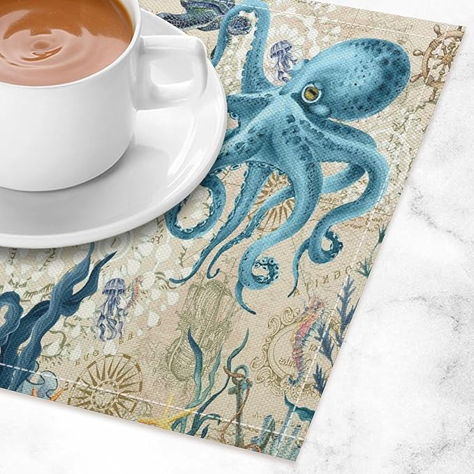 Nautical Placemats Beach Ocean Starfish Seashell Octopus Art Printed Dining Table Mats Set of 4 for Restaurant Home Kitchen Holiday Picnic Party Decor 12x18in