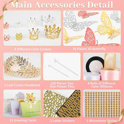 260Pcs Flower Bouquet Wrapping Paper Kit, 60 Sheets Pink Waterproof Paper, 36 Butterflies, 8 Crowns, 1 Headband, 4 Ribbons, 15 Cards, 100 Diamond Pins, 30 Floral Wire, 3 Stickers, 3 Tapes (Pink)