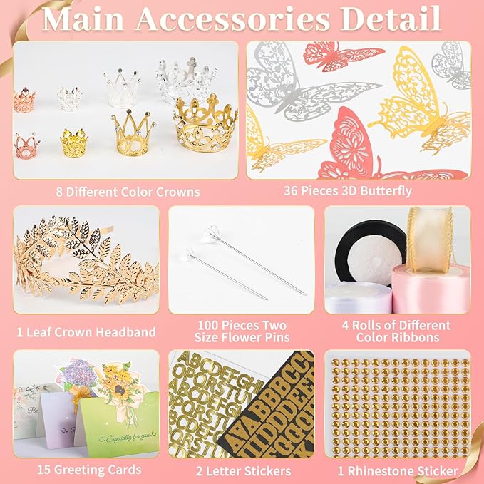 260Pcs Flower Bouquet Wrapping Paper Kit, 60 Sheets Black Waterproof Paper, 36 Butterflies, 8 Crowns, 1 Headband, 4 Ribbons, 15 Cards, 100 Diamond Pins, 30 Floral Wire, 3 Stickers, 3 Tapes (Black)