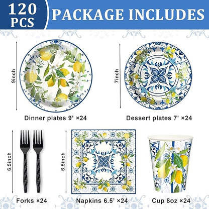 Amalfi Coast Plates and Napkins for Birthday Decorations Kit, Capri Lemon Tableware Supplies for Lemon Theme Summer Decor, Service 24 Guests