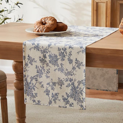 100% Cotton French Pastoral Table Runners, 13x72 Inch Blue Farmhouse Table Runners 72 Inches Long, Vintage Flowers Print Home Decors