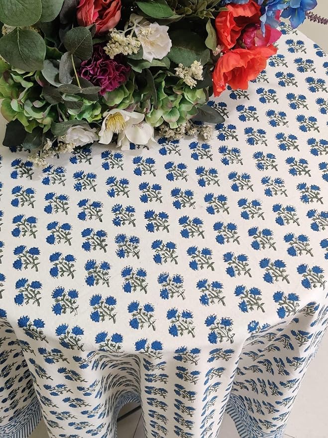 ATOSII Gulbahar Blue 100% Cotton Fall Round Tablecloth, Handblock Print Floral Table Cloth for Kitchen Dining Linen I Thanksgiving, Christmas, Weddings, Outdoors, Parties I 60" Inches I 4 Seater Table