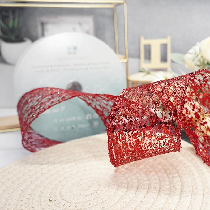 CT CRAFT LLC Sparkling Glitter Mesh Wired Ribbon 2.5" x 20 Yards Red for Christmas Home Decor Bow Gift Wrapping DIY Crafts Wreath