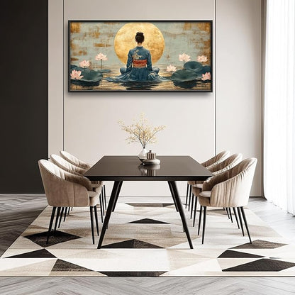 Japanese Woman Large Wall Art Lotus Moon Pictures Wall Decor Nature Canvas Landscape Print Painting Modern Artwork Home Decoration for Living Room Bathroom Bedroom Office Framed 60"x30"