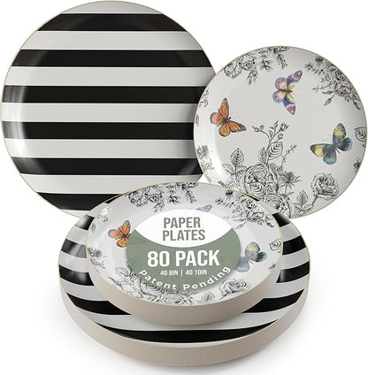 Trendables Floral Paper Plates 8.5 Inch & 10.5 Inch 80 Pcs Dinner Plate Set Fancy Disposable Plates for Party for 40 Guests 40 X 8 & 40 X 10 Large & Small Paper Plate Set for Parties Monarch