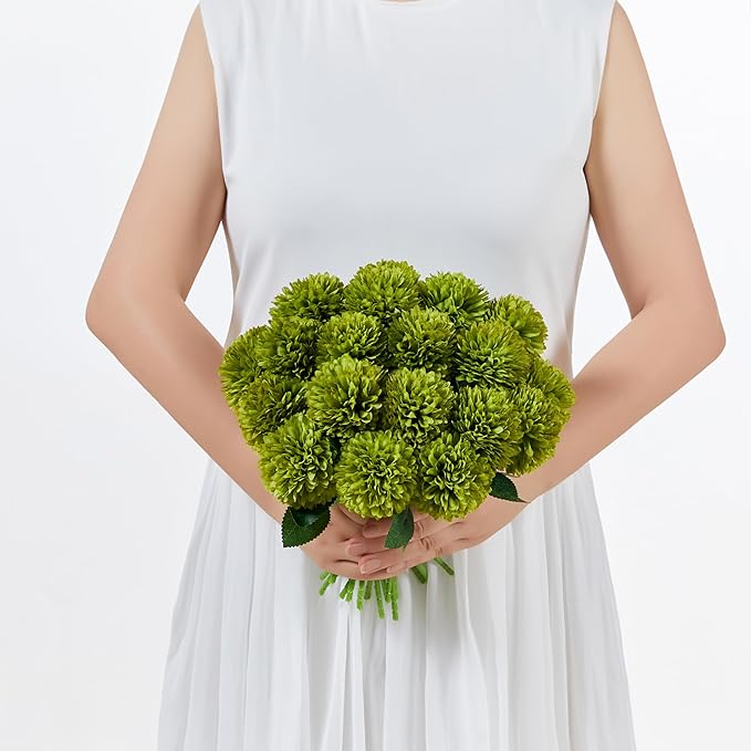 SITUMEIZI 12 Pcs Green Artificial Chrysanthemums Flowers Ball Flower Fake Mums Silk for Wedding Home Kitchen Decoration Floral Arrangement