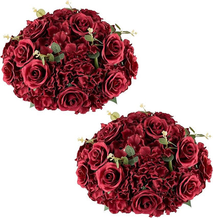 Nuptio Flower Balls for Wedding Centrepieces - 2 Pcs 15.7 inch Diameter Large Burgundy Artificial Flowers Roses Ball Fake Flower Arrangement Bouquet Faux Rose for Wedding Party Centrepiece Decorations