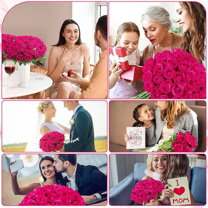 150 Pcs Roses Artificial Flowers, Silk Hot Pink Artificial Flowers Petals Long Stem Roses for Wedding Bouquet Home Party Decor