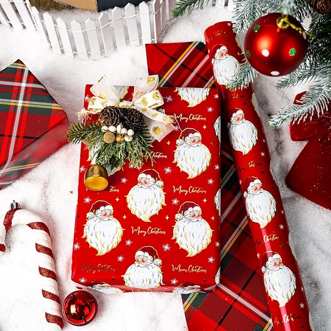Yarcony Red Christmas Wrapping Paper Roll, Santa Wrapping Paper, Retro Classic Red Santa Claus, Stewart Tartan Plaid Christmas Gift Wrap Sheets for Winter Holiday, Festive Decor (17 Inch X 33 Feet)