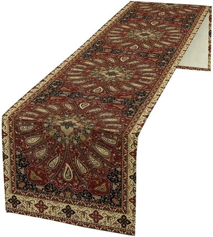 Boho Paisley Table Runner, Classic Traditional Red Gold Mandala Vintage Farmhouse Decor Table Runner for Kitchen Dining Festive Holiday Party Wedding Gathrting, 13x60 Inch