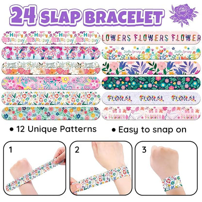 96 PCS Floral Flower Party Favors Set – 72 Pre-Cut Temporary Tattoos & 24 Slap Bracelets for Kids, Perfect for Spring Birthday Parties, Flower Festivals & Classroom Rewards
