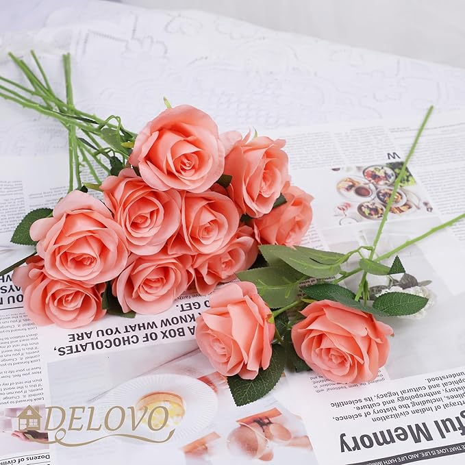 52pcs Coral Peach Roses Artificial Flowers Fake Flowers Silk Roses with Stems for DIY Wedding Bouquets Bridal Shower Centerpieces Arrangements Party Decorations