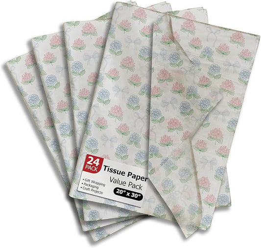 Pro Supply Global Hydrangeas Printed Tissue Paper for Gift Bags or Boxes and Wrapping - Bulk Decorative Art Tissue Paper for Packaging and Gifting | 24 Sheets 20" x 30"