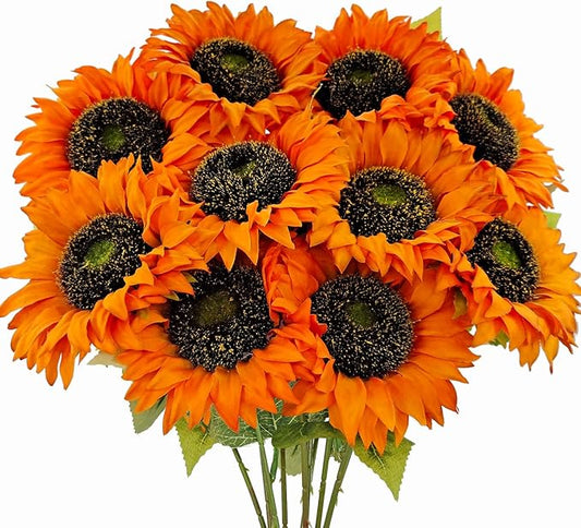 10 Pcs Sunflowers Artificial Flowers with Long Stems Silk Fake Large Sunflowers Bulk Bouquet Fall Decorations for Outdoor Indoor Home Vase Table Wedding Party Garden DIY Decor (Orange)