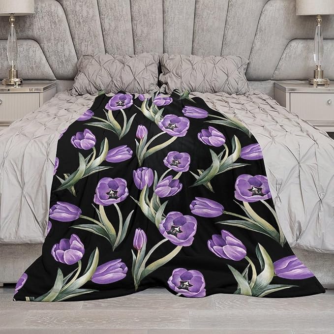Purple Tulip Blanket Flower Gifts for Girls Women Tulip Floral Throw Blanket for Kids Adults Soft Warm Cozy Fleece Blanket for Couch Sofa Bed 40"x50"