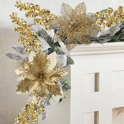 24Pcs Christmas Poinsettia Artificial Flowers and Glitter Berries Kit, 2 Styles Total 16Pcs Christmas Tree Flowers Ornaments, 8Pcs Christmas Tree Picks for Wedding Holiday Decorations, Gold