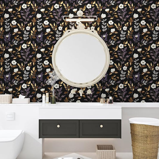 Dark Floral Wallpaper Peel and Stick Vintage Gold Leaf Contact Paper Black Floral Wallpaper Waterproof Self-Adhesive Wall Covering for Bedroom Countertop Desk Cabinets 17.4" x 118"