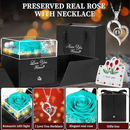 Preserved Light Blue Real Rose with I Love You Necklace -Eternal Flowers Rose Gifts for Mom Grandma Wife Girlfriend Gifts for Her Christmas Birthday Anniversary