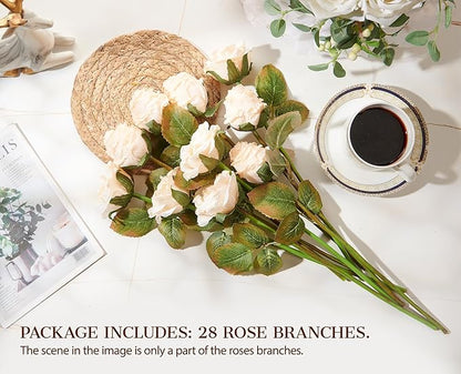 Rose Artificial Flower 28pcs Realistic Faux Silk Roses Fake Flowers Bouquets Arrangements Decor for Wedding Spring Mother's Day, Home Table Decorations, Champagne Flower