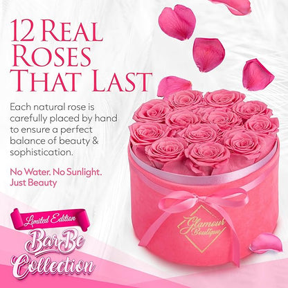 GLAMOUR BOUTIQUE Flower Forever Gift Box 12 Real Preserved Roses in Round Velvet White Box, Handmade, Rose Petals, Birthday, Marriage, Anniversary, Graduation - Velvet Pink