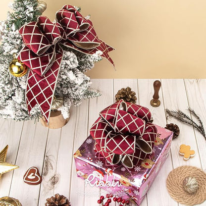 Ribbli Burgundy Velvet Ribbon Wired with Glitter Diamond Grid 2-1/2 Inch Christmas Ribbon for Christmas Tree Decoration Big Bow Gift Wrapping Crafts Wreaths Garland Supplies - 10 Yards